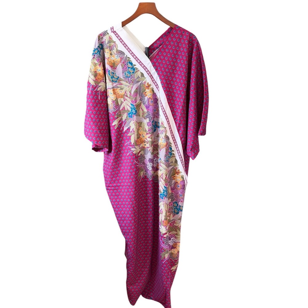 Vtg 80s JCPenney Kaftan Lounger Mumu Magenta Pink Floral Batik Kimono Sleeve M‎